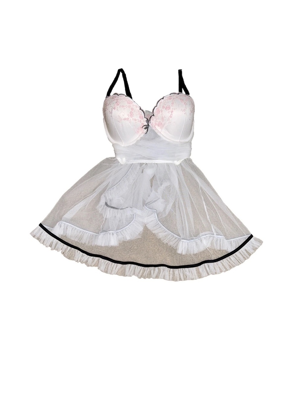 Victoria Secrets Women 36D White & Pink Lace Babydoll Mesh Tulle Bridal Wedding